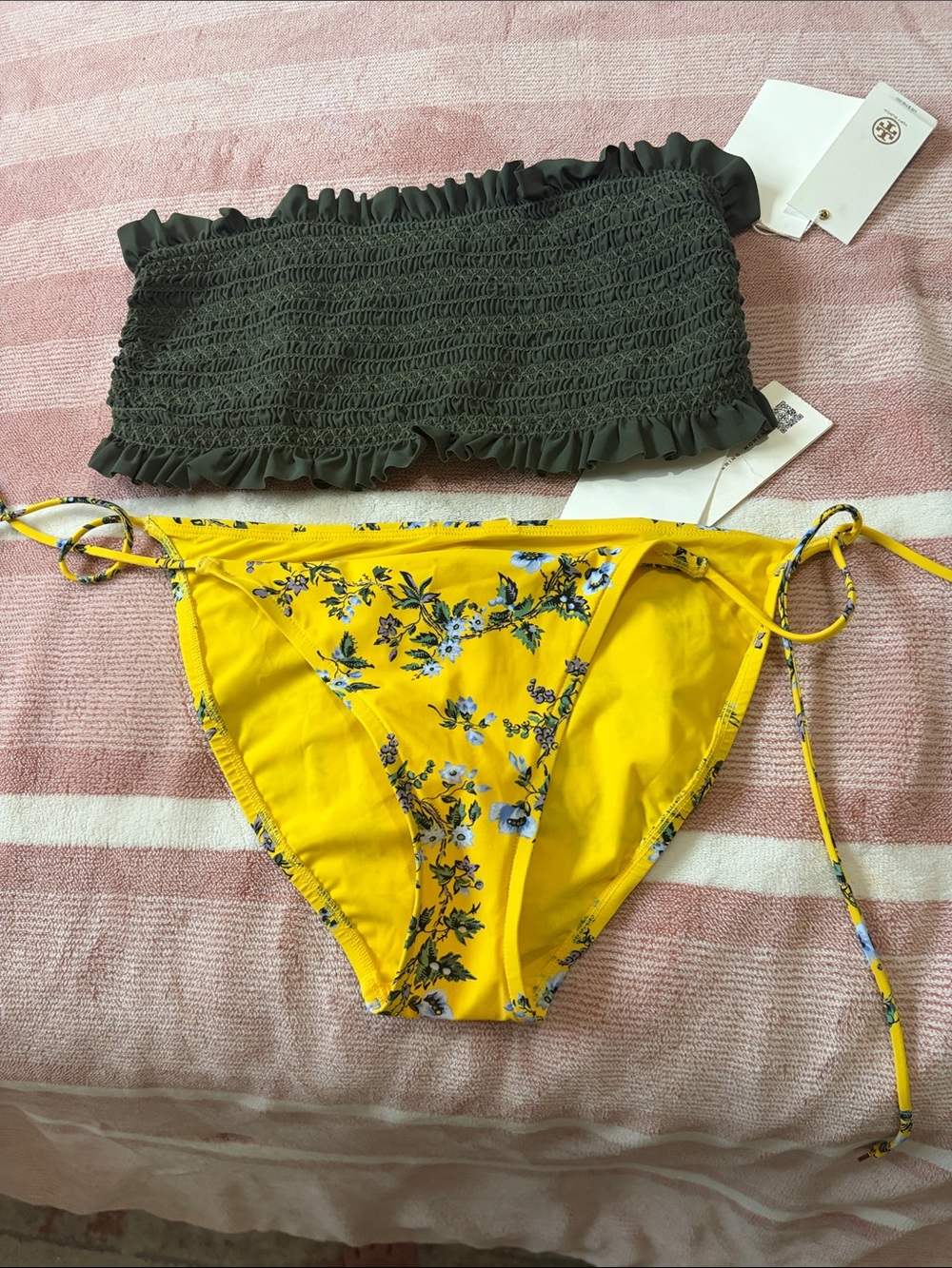 Tory Burch Olive Smocked Bandeau & Yellow Floral Bikini Bottom